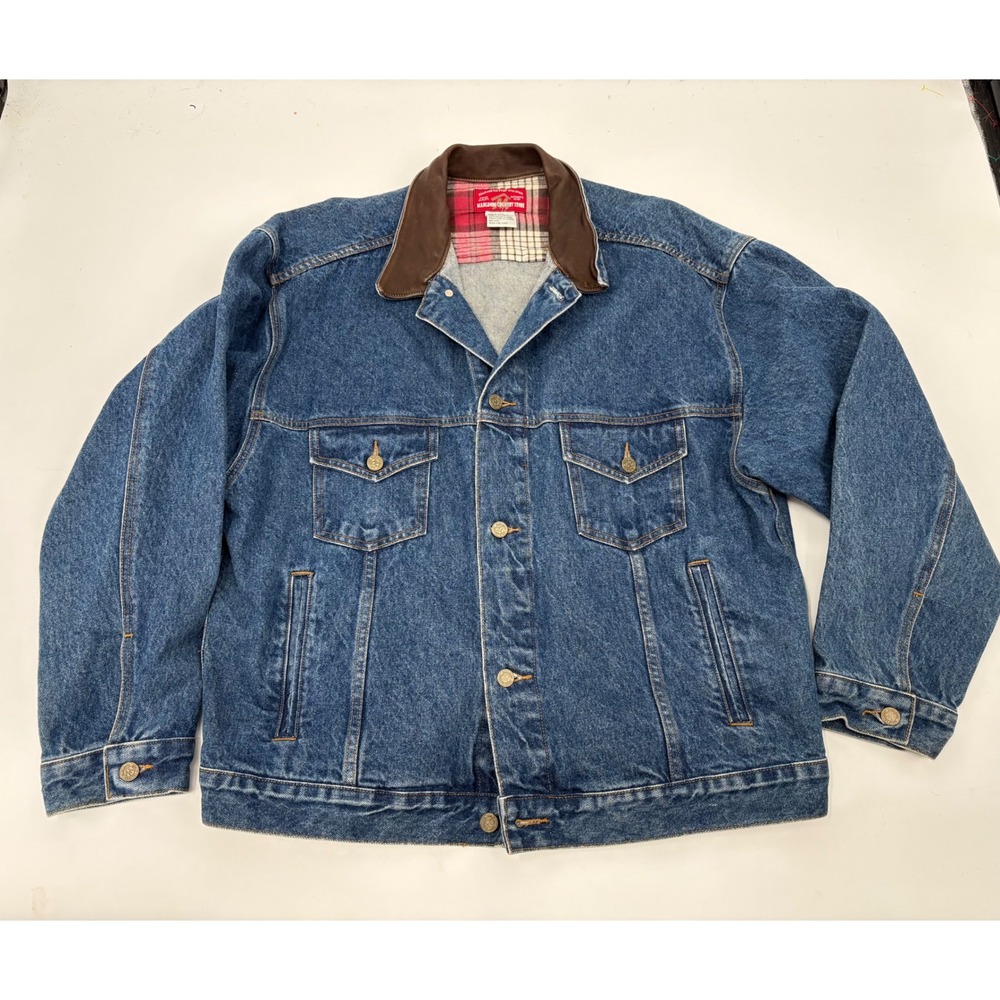 Marlboro Country Store Denim Jacket Leather Collar Flannel Lined XL Made in USA